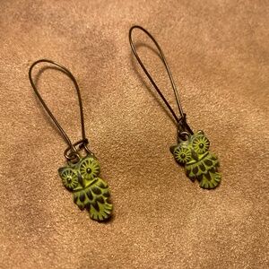Owl earrings, set. Green owls with copper-ish wire hoops.
